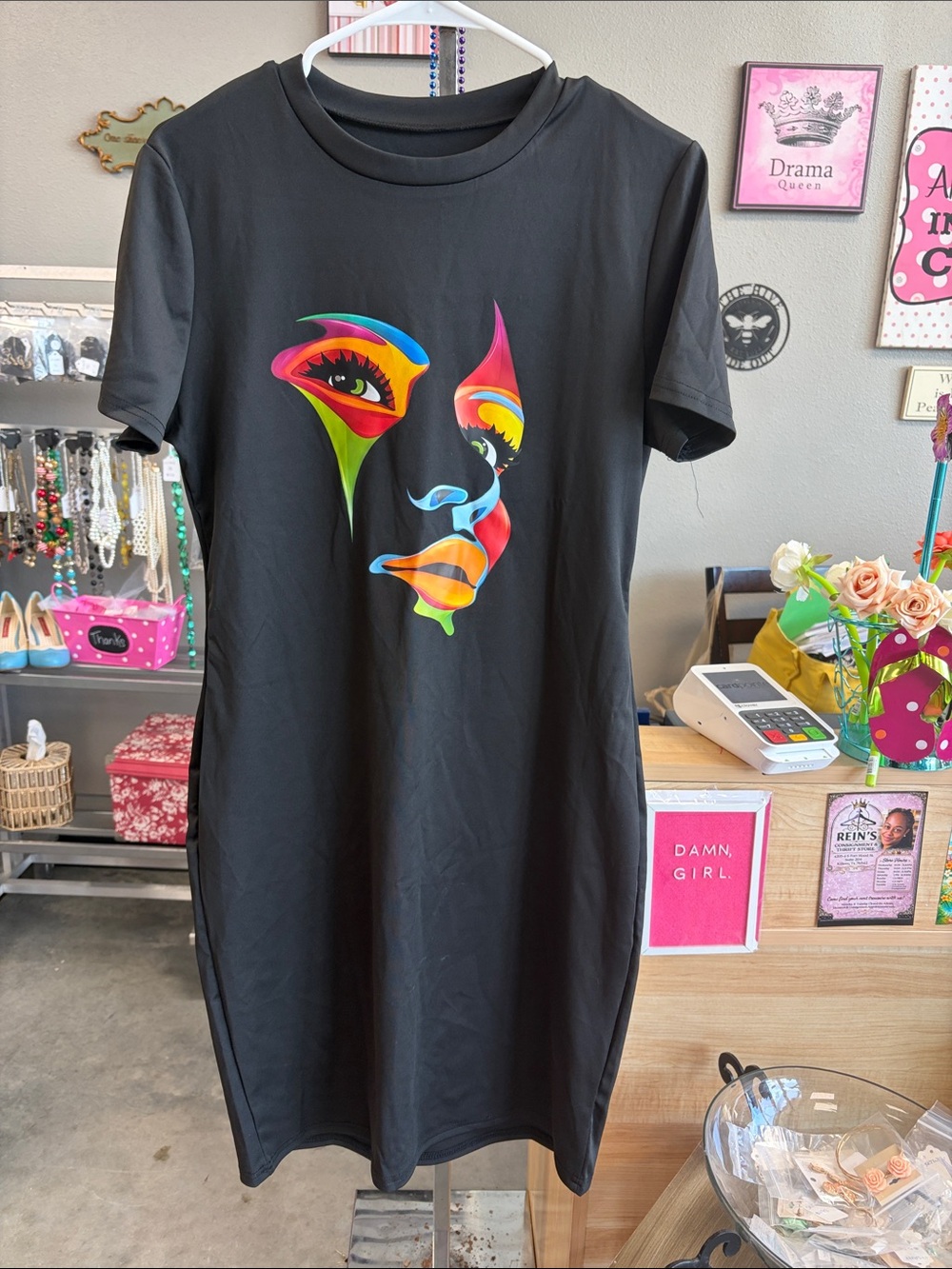 Black Midi Dress with Vibrant Abstract Face Graphic